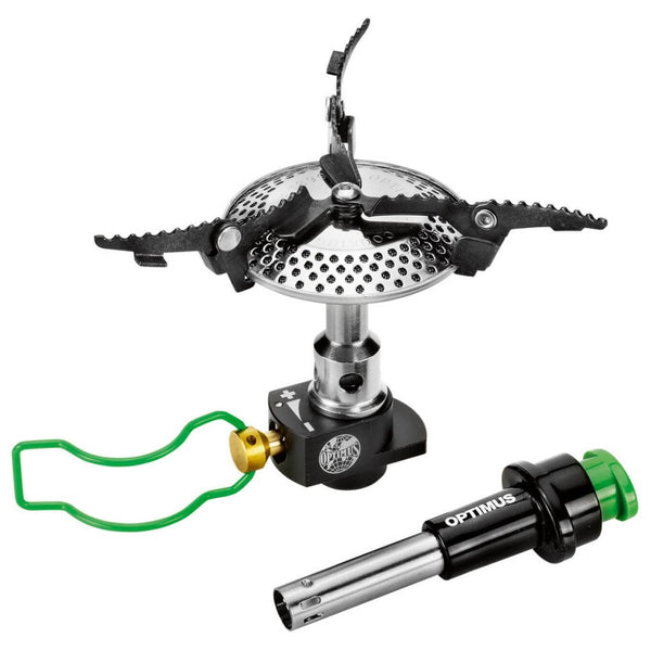 Optimus Crux Lite compact camping stove with foldable arms and piezo ignition for lightweight backpacking cooking.