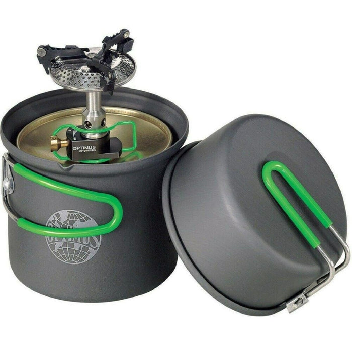 Kompakt OPTIMUS CRUX Lite Solo Cook System med grönt handtag för lätt camping och vandring utomhus matlagning.