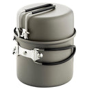 Compact and lightweight Optimus Elektra FE camping cook system with non-stick pans and foldable handles for outdoor cooking.