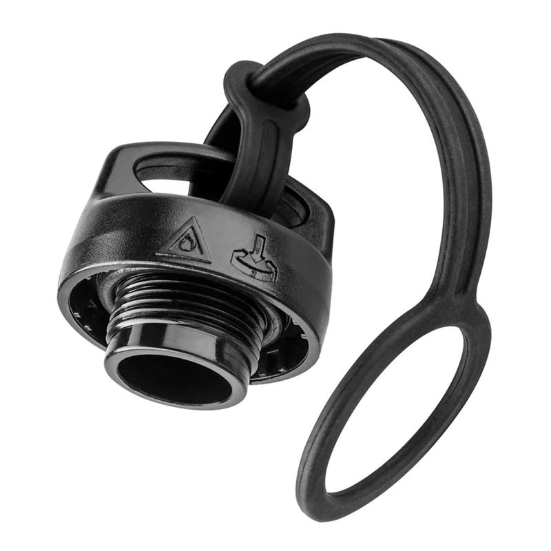 Black safety cap for Optimus liquid fuel bottle with secure locking and flexible tether for leak prevention.