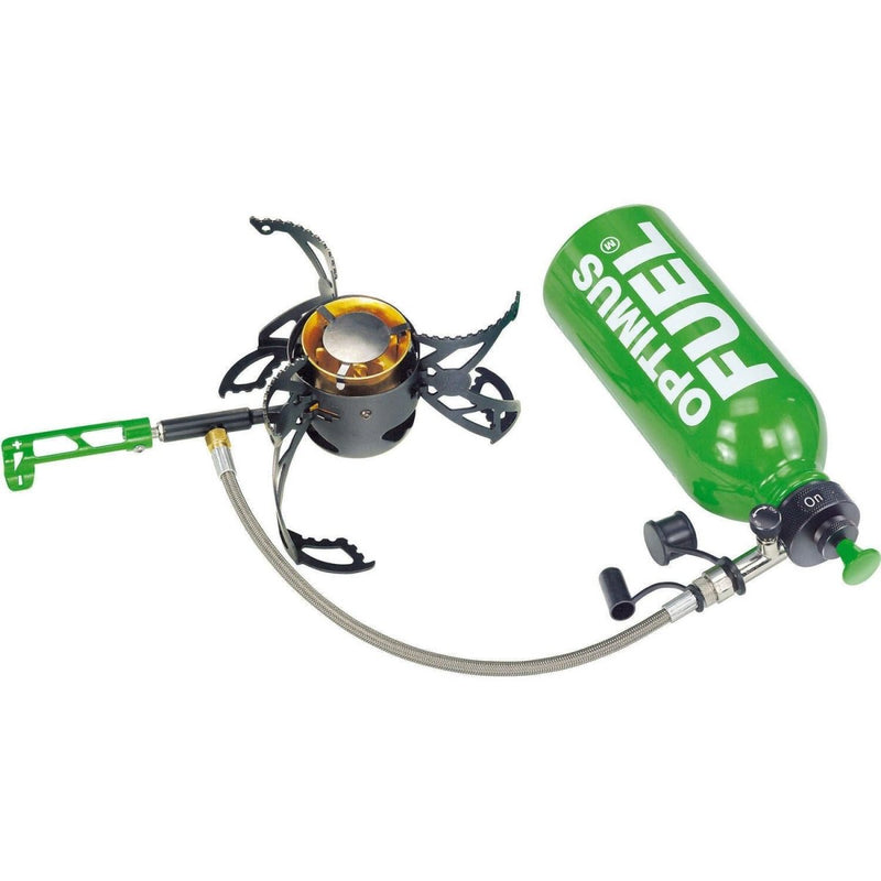 Optimus Nova compact multi-fuel stove with green fuel bottle and flexible fuel line for outdoor cooking adventures