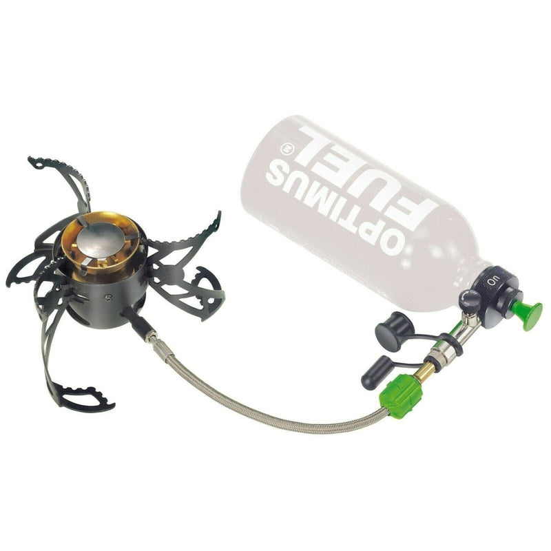 Compact Optimus Nova liquid fuel stove with adjustable flame control and foldable supports for stable outdoor cooking use.