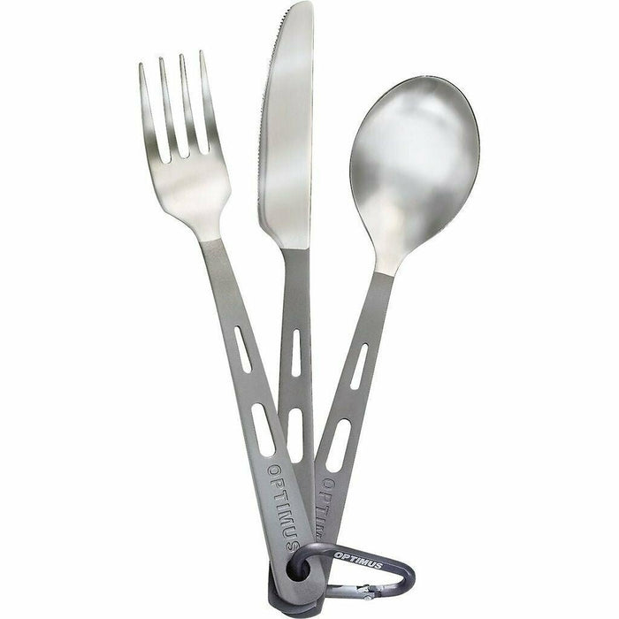 Lättviktsgaffel, kniv och sked i titan med matta handtag och karbinhake för camping och backpacking.