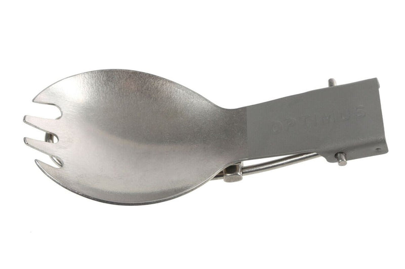 Folded titanium spork combining fork and spoon, ultra lightweight and compact for hiking and camping use.
