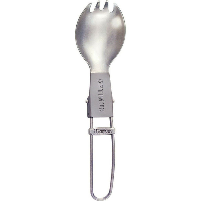 Vikt titanspork som kombinerar gaffel och sked, lätt och hållbar för vandring och camping.