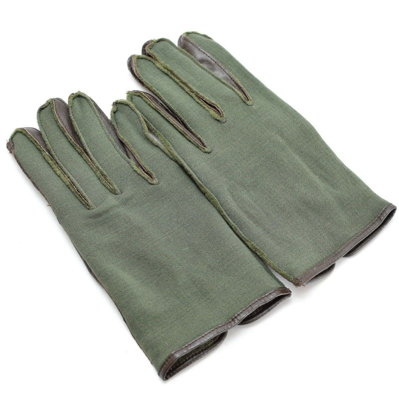 Original Belgian army WWII style combat gloves in olive nylon with leather details for durability and protection.