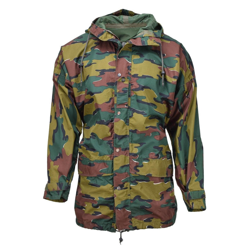 Belgian military waterproof jacket with jigsaw camouflage print and adjustable hood made from durable seyntex fabric