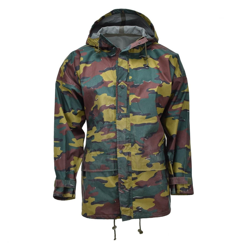 Belgian military waterproof jacket with jigsaw camouflage print made from durable seyntex material and hooded design.