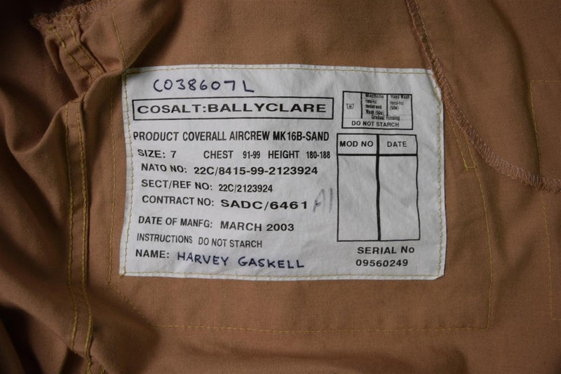 Label inside beige British Military Aircrew MK 16 B RAF coverall with size and manufacturing details visible