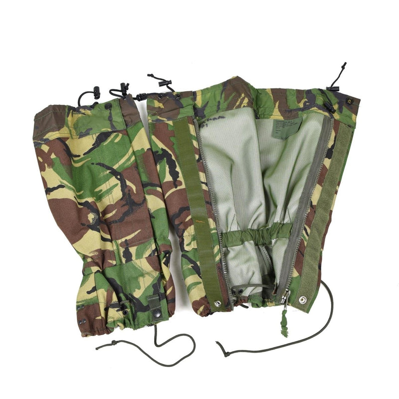 British army DPM camouflage waterproof gaiters with zippers and adjustable cords for rugged outdoor protection and durability.