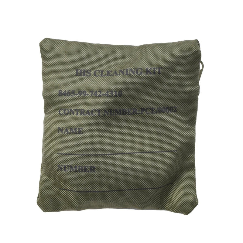 Green cleaning kit bag with text on a white background