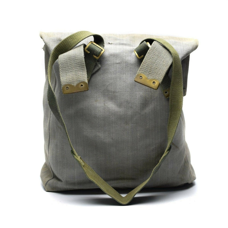 Original British Army M37 haversack in grey canvas with adjustable straps and buckle closures, vintage military side bag.