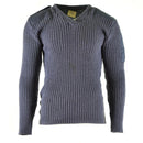 Original British Army Commando Wool Jumper in blue-grey with reinforced shoulder and elbow patches, V-neck design.