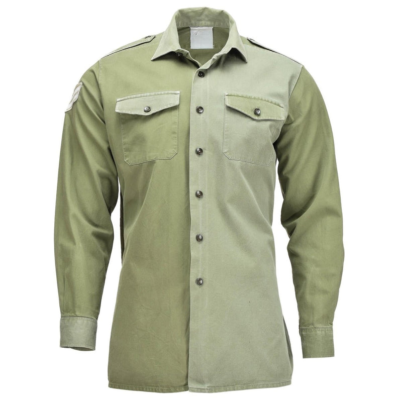 Original British Army olive green long sleeve military service shirt with button cuffs and chest pockets