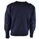 Original British Defence Service blue V-neck wool Commando jumper with reinforced elbows and shoulders, rib-knit cuffs and waist.