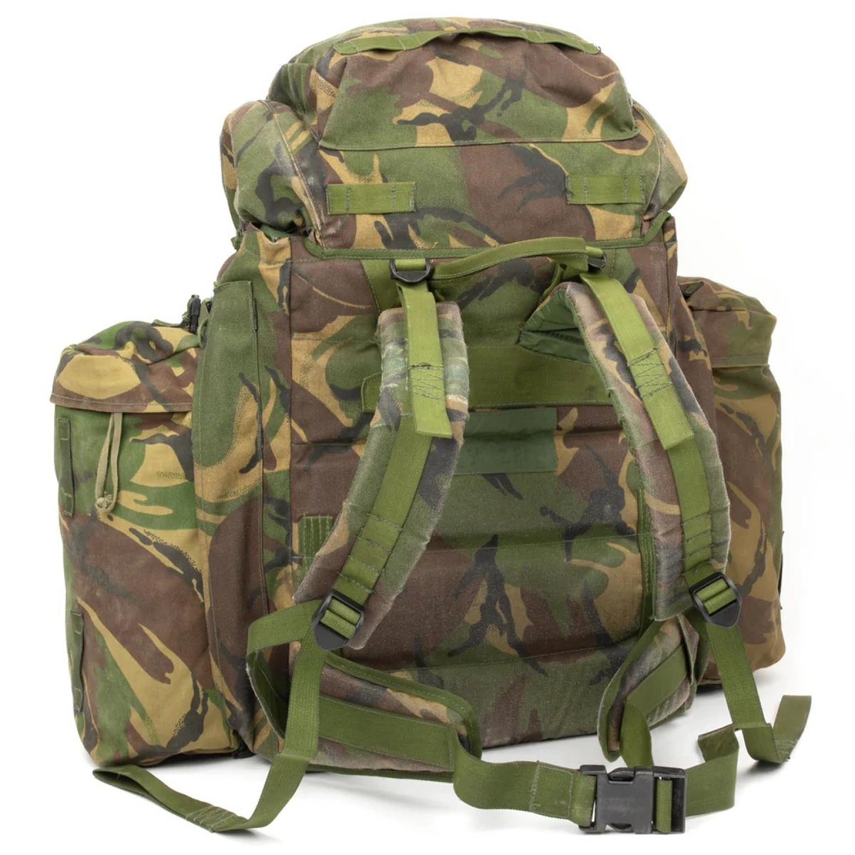 Original British Military Tactical Rackpack Woodland Camo 90 liter sidofickor