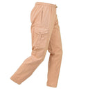 Original British military safari tan work pants with adjustable elastic waist and cargo pockets for durability and comfort.