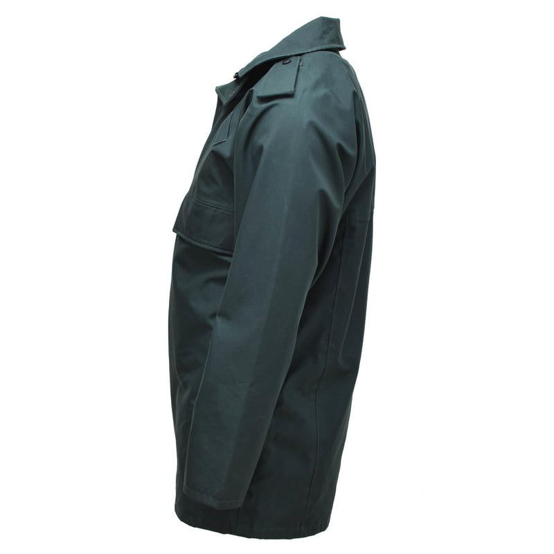 Side view of original British police green waterproof anorak parka raincoat with hood and adjustable cuffs