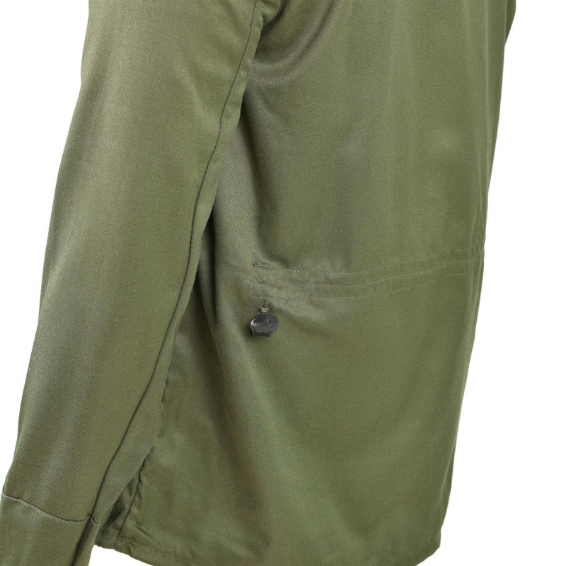 Close-up of original Bulgarian army olive green military jacket showing fabric texture and sleeve details