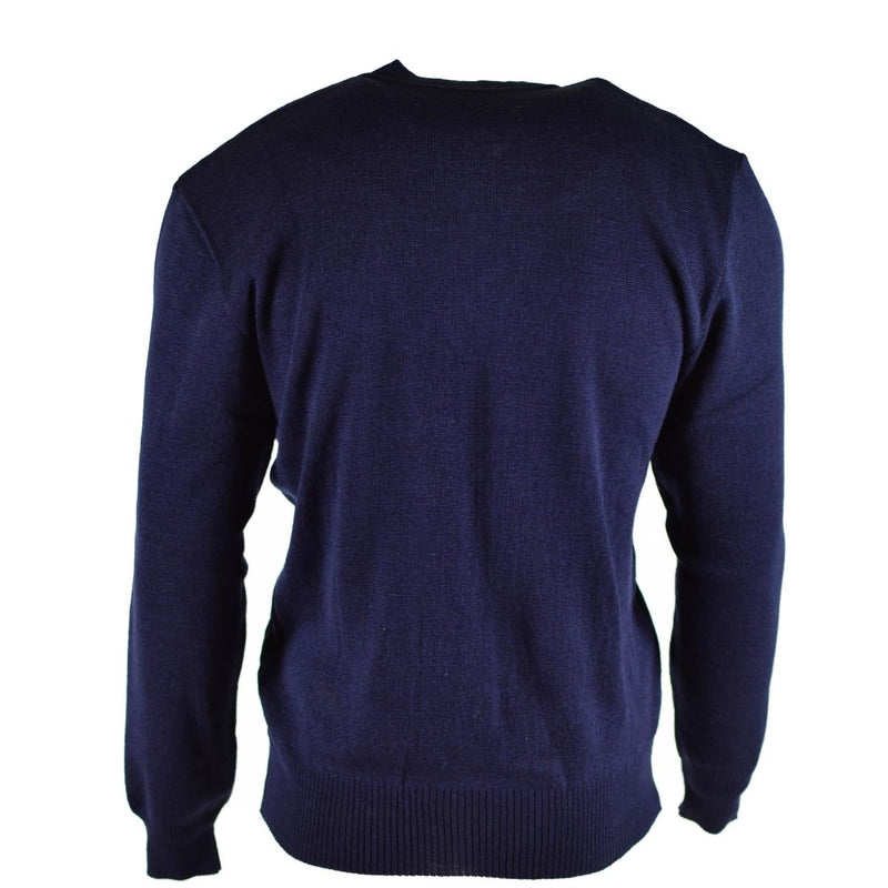 Original Czech army blue wool V-neck military surplus sweater jumper shown from the back with rib-knit cuffs and waist
