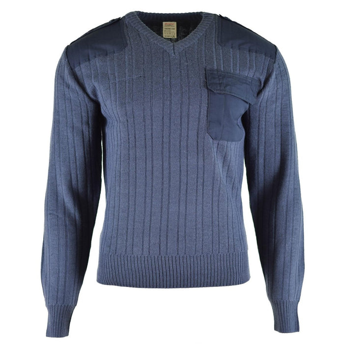 Original tjeckisk arméblå ulltröja med V-ringad tröja med bröstficka och förstärkta axlar, ny militär överskottsdesign