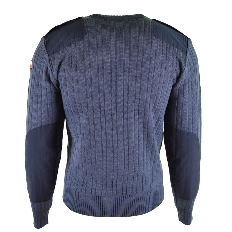 Back view of original Czech army M97 blue wool V-neck military surplus sweater jumper with reinforced patches and flag detail