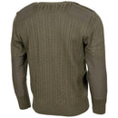 Back view of olive drab Czech army wool sweater jumper with reinforced elbows and shoulders for durability