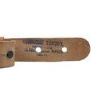 Close-up of leather reinforcement on Czech Army Y-Strap canvas suspenders with vintage markings visible