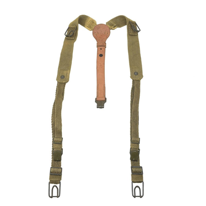 Original Czech Army Y-Strap hängslen gjorda av slitstark olivduk med läderförstärkningar för militärt bruk.