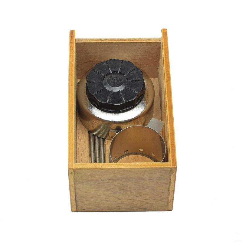 Vintage Czech military compact liquid fuel stove set in wooden storage box with burner and pot stand