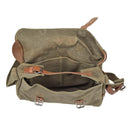 Open vintage Czech military shoulder bag made of durable canvas with leather straps and metal buckles