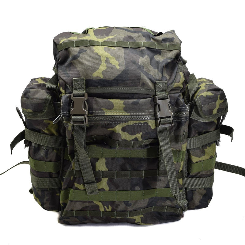 Original Czech military MOLLE backpack in woodland camo, 30L capacity, quick release, durable and waterproof design