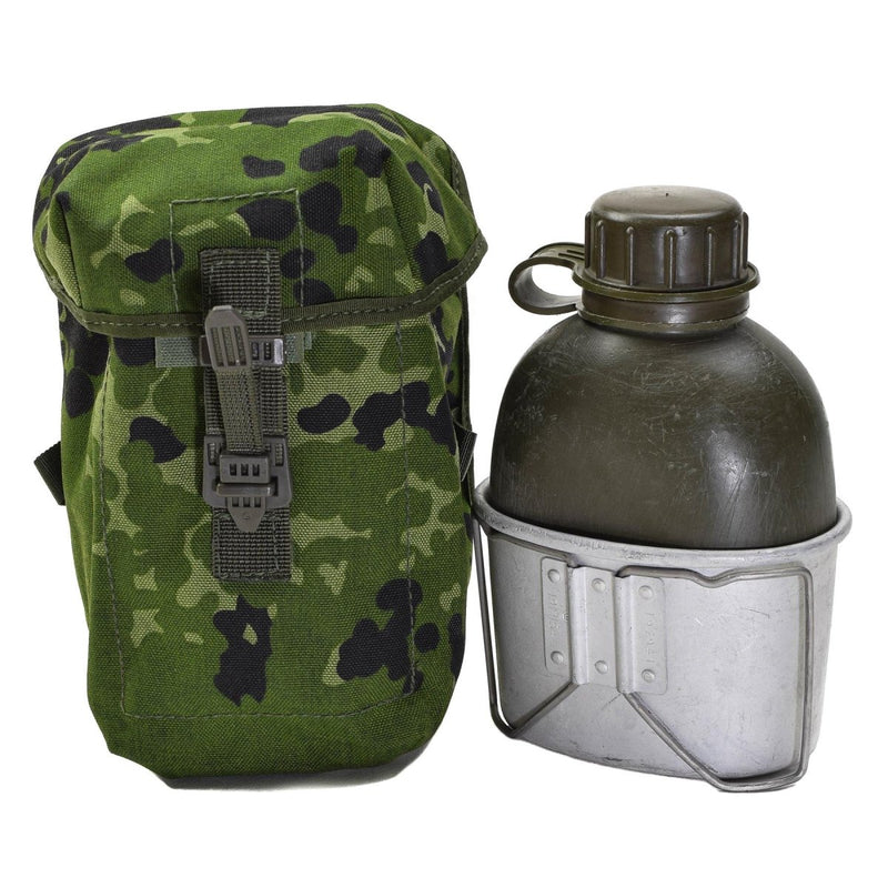 Original Danish military water flask with M84 camouflage pouch and aluminum canteen universal attachment.