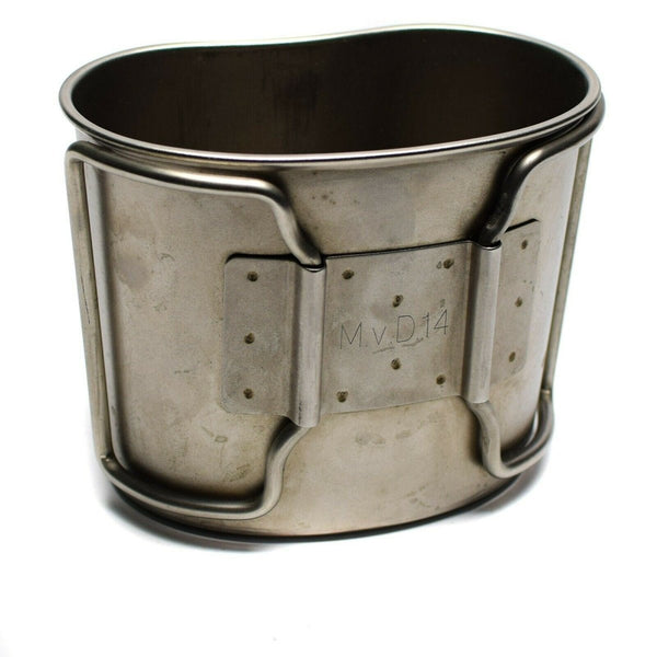 Authentic Dutch Army stainless steel canteen cup mug for bushcraft, camping, and outdoor cooking pot use.
