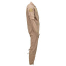 Side view of original Dutch army air forces khaki flight suit jumpsuit made with durable aramid fabric
