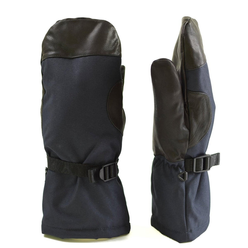 Original Dutch Army NATO winter mittens in navy blue with leather grip and adjustable wrist straps for extreme cold weather.