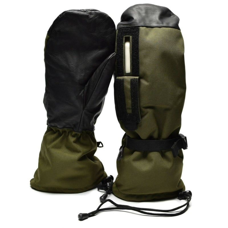 Original Dutch Army olive green waterproof Gore-Tex trigger finger mittens with leather palms and adjustable wrist straps