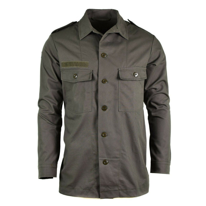 Original Dutch Army M65 field shirt jacket in olive green with chest pockets and epaulets, military style and durable design.