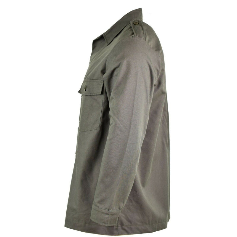 Side view of Original Dutch Army M65 military field shirt jacket in olive green with buttoned chest pocket and epaulet detail.