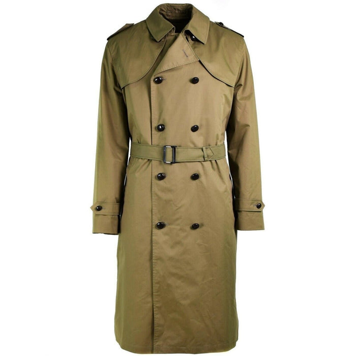 Original holländsk armé trenchcoat för män i khaki med bälte, epauletter, manschetter med knäppning och fodrad insida för komfort.