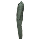 Side view of olive green flame resistant Dutch military coverall with adjustable cuffs and multiple pockets
