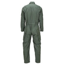Back view of olive green flame resistant Dutch military coverall with adjustable waist and multiple pockets