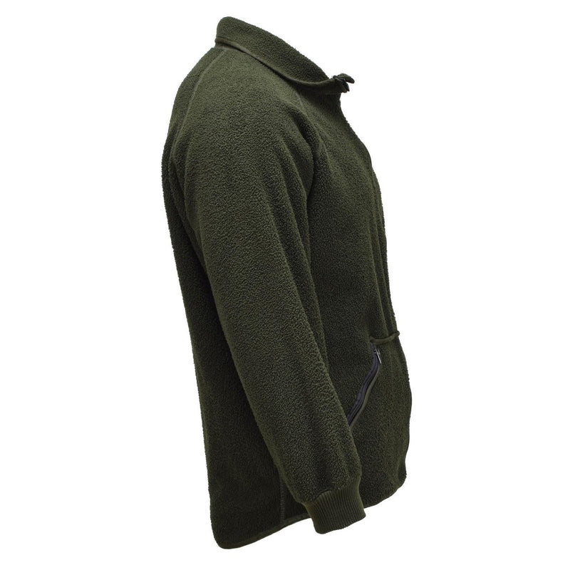 Olive green original Dutch military fleece jacket with full zipper, soft thermal fabric, and elastic cuffs for cold weather.