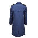 Back view of original Dutch Military men's raincoat with quilted liner in solid blue trench coat style