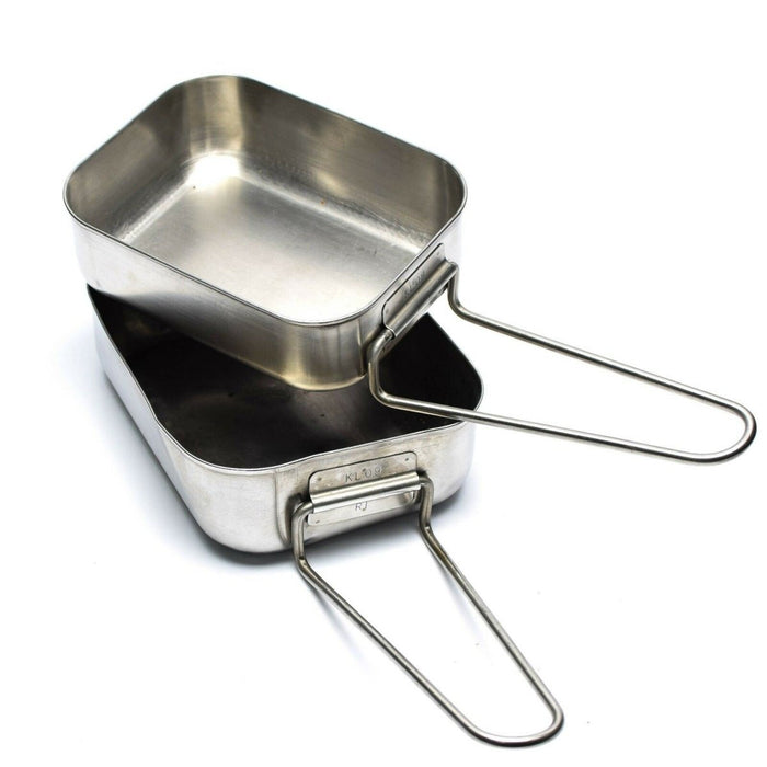 Original holländsk militär i rostfritt stål 2-delad rörplåtssats med vikbara handtag för matlagning utomhus och camping.