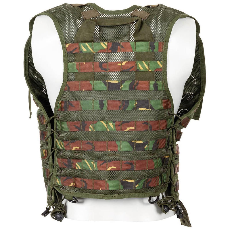 Original Dutch military tactical vest with MOLLE woodland camouflage, adjustable webbing for customizable gear attachment.