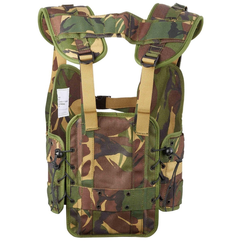 Original Dutch military tactical vest in woodland camouflage with adjustable straps and multiple attachment points.