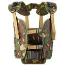 Dutch military tactical vest in woodland camouflage with adjustable straps and Alice-type attachment system for gear.