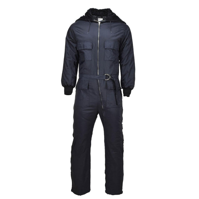 Svart Original holländsk militär vinteroverall med luva i fuskpäls, flera fickor, justerbara muddar och bältesspänne.