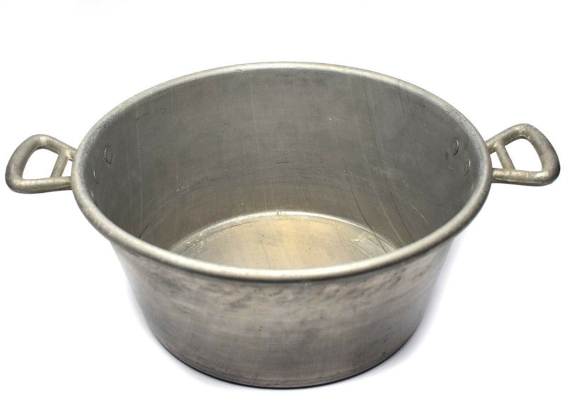 Large vintage aluminum French Army cooking pot with dual handles, ideal for outdoor and military-style cooking.